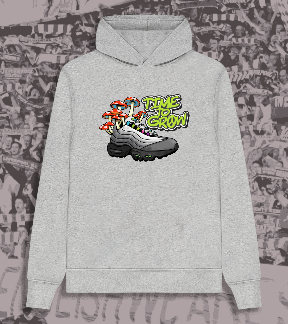 Time To Grow hoodie design, available in grey or black