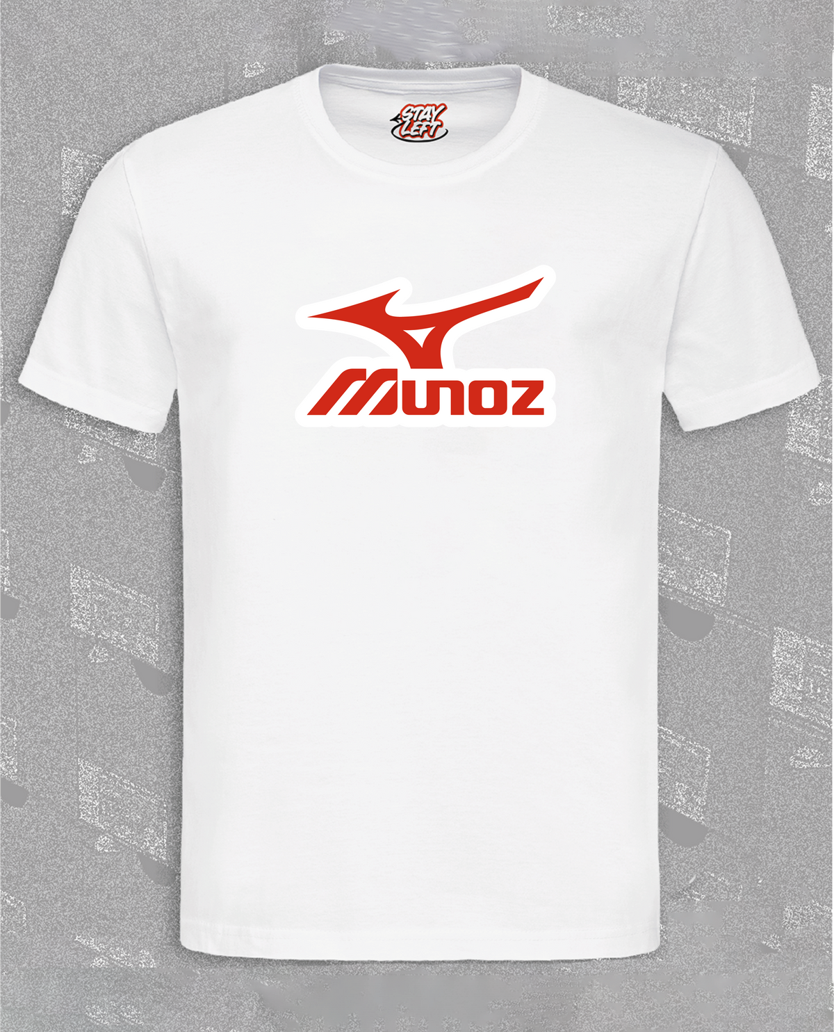 Munoz T-shirt with Mizuno-style logo, available in black or white