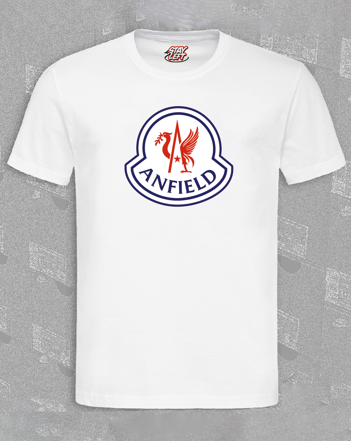 Anfield Piste T-shirt with Anfield mountain design, available in black or white