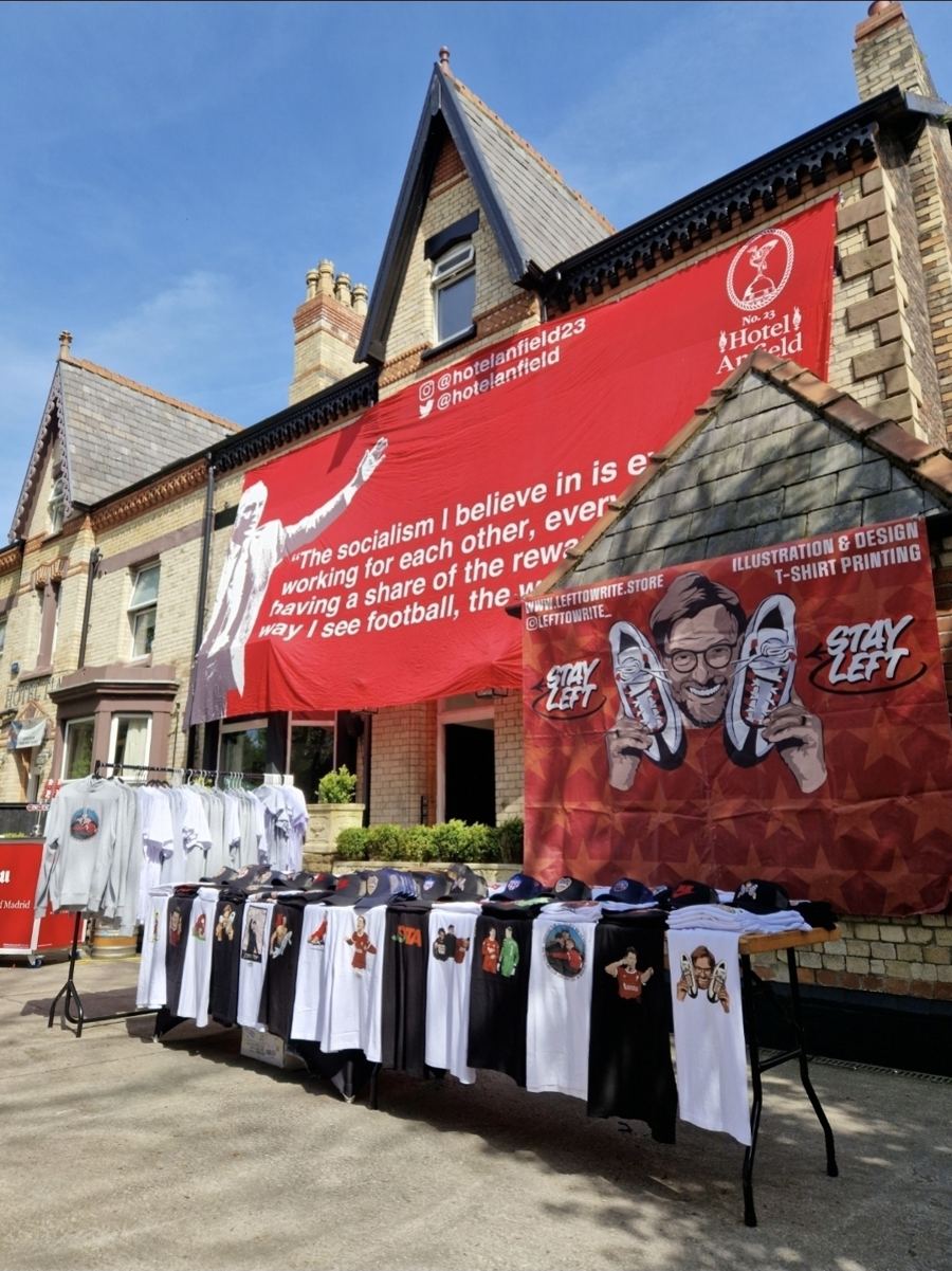 The Stay Left stall outside Hotel Anfield on a matchday
