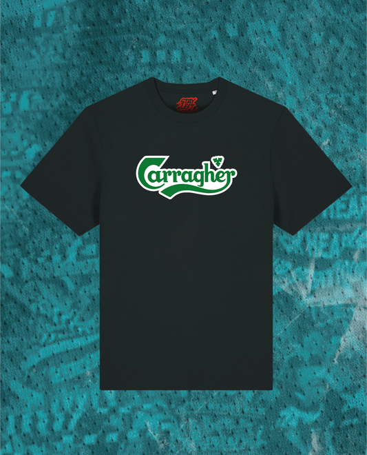 Carragher T-shirt with Carlsberg-style logo, available in black or white