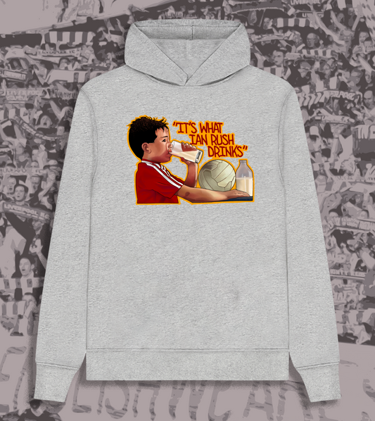 It's What Rush Drinks hoodie: Ian Rush and the classic 80s milk advert, available in grey or black