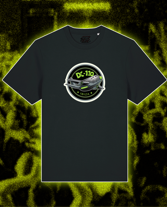 DC110 Airmax Ibiza T-shirt: DC10 Ibiza club parody with Air Max trainer, available in black or white