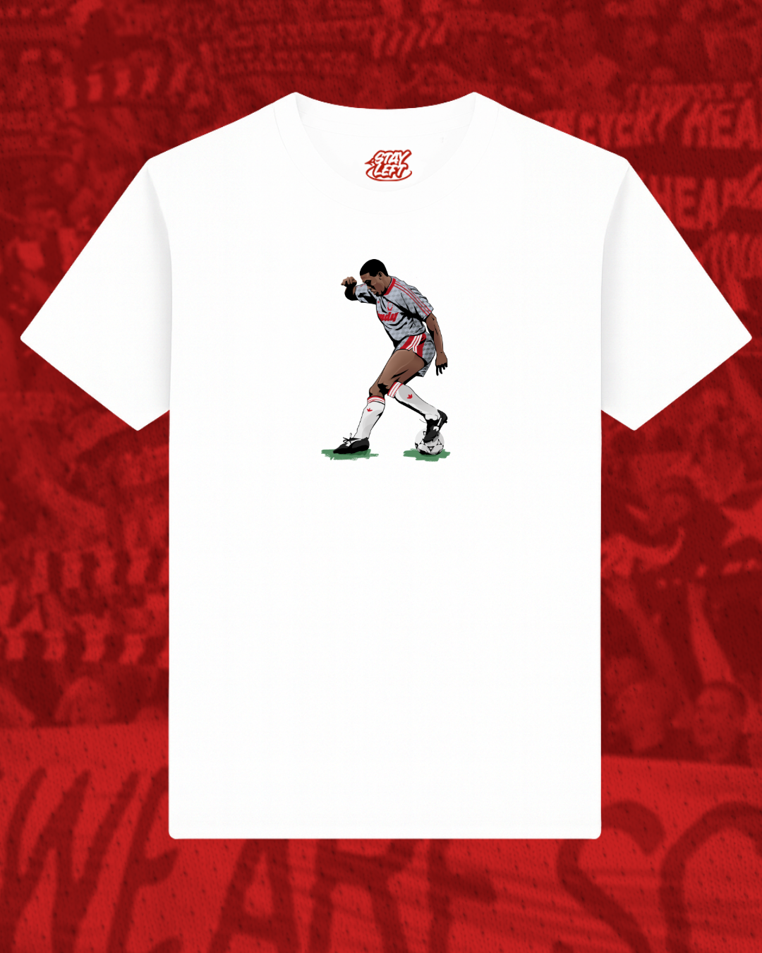 John Barnes Footwork T-shirt: tribute to the Liverpool great, available in black or white