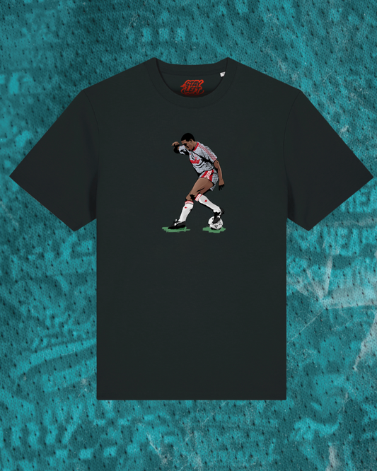John Barnes Footwork T-shirt: tribute to the Liverpool great, available in black or white