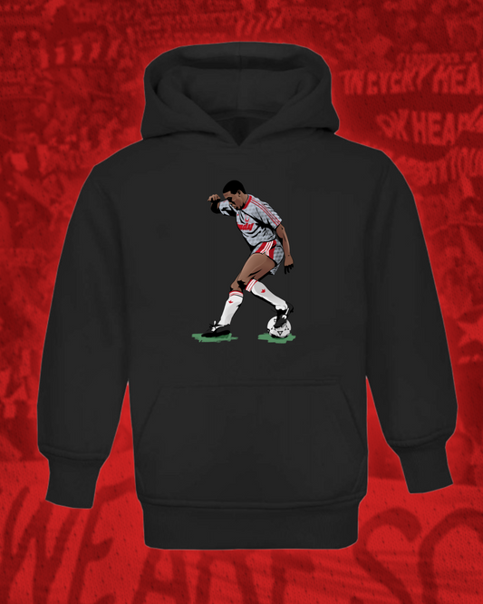 John Barnes Footwork kids hoodie: tribute to the Liverpool great, available in grey or black