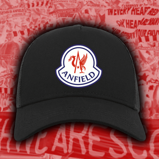 Anfield Piste cap with printed Anfield mountain logo, available in black, grey or navy