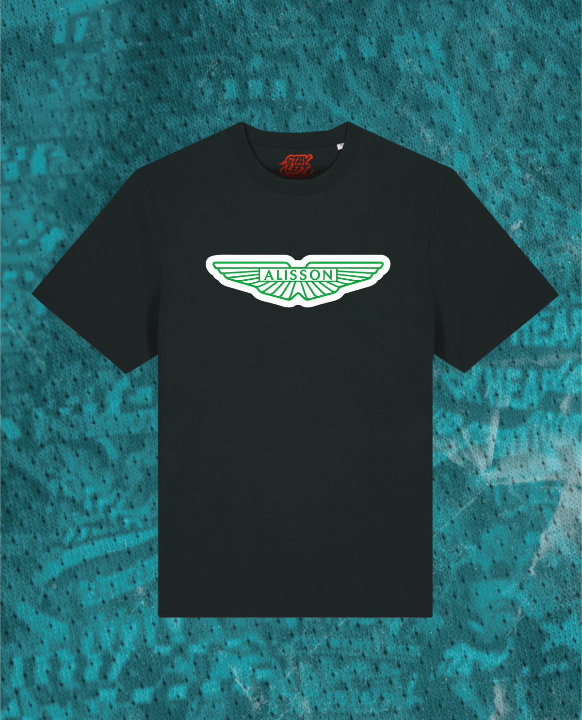 Alisson Aston T-shirt with Aston Martin-style logo, available in black or white