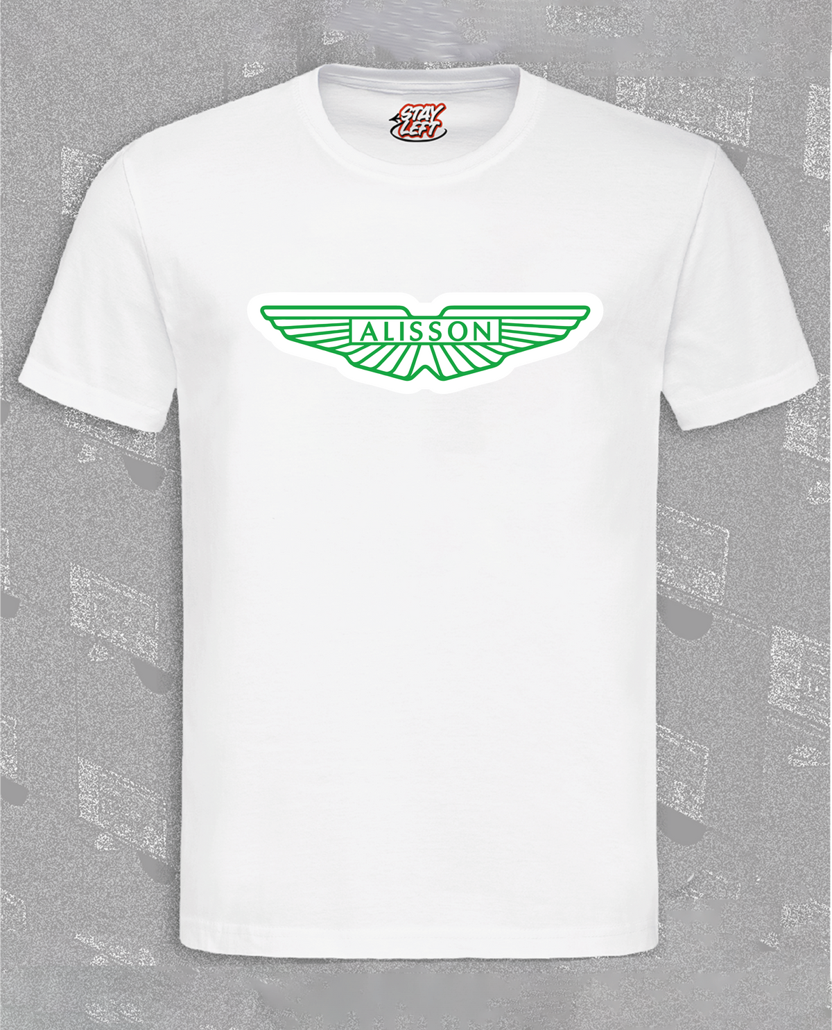 Alisson Aston T-shirt with Aston Martin-style logo, available in black or white