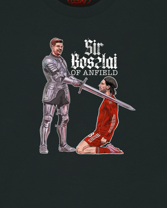 Sir Boszlai Of Anfield T-shirt: Dominik Szoboszlai design, available in black or white