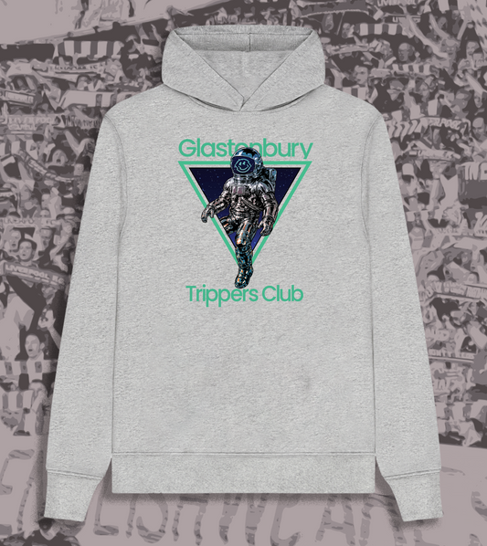 Glastonbury Trippers Club hoodie design, available in grey or black