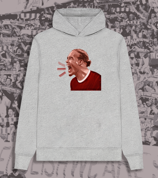 Captain Virgil hoodie: Virgil van Dijk as Liverpool captain, available in grey or black