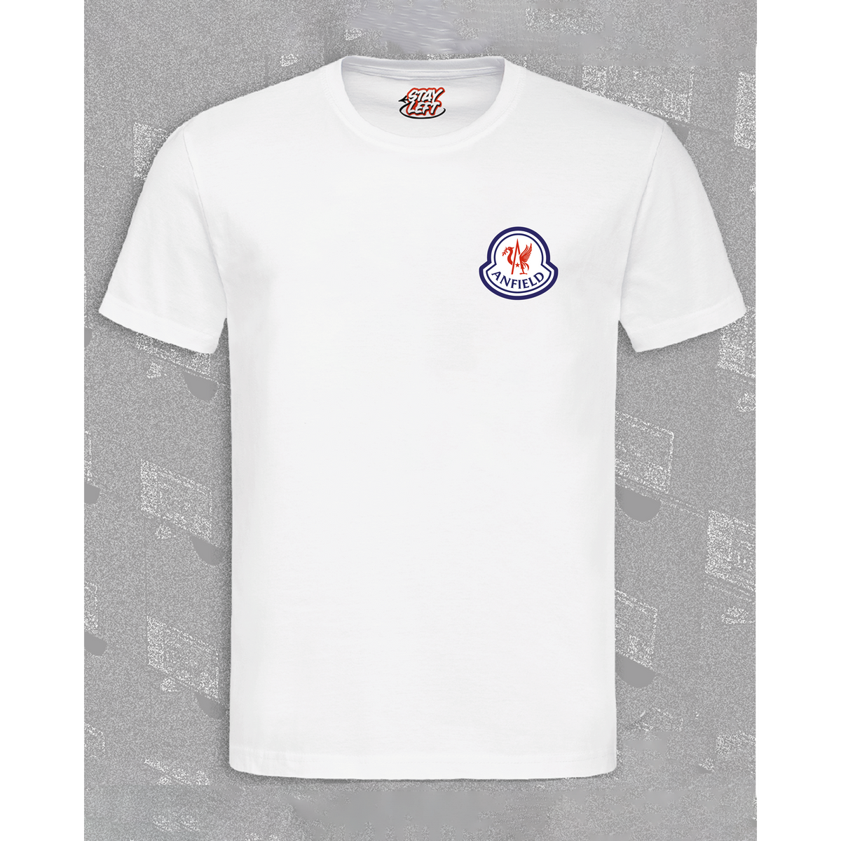 Anfield Piste chest-print T-shirt with small Anfield mountain logo, available in black or white
