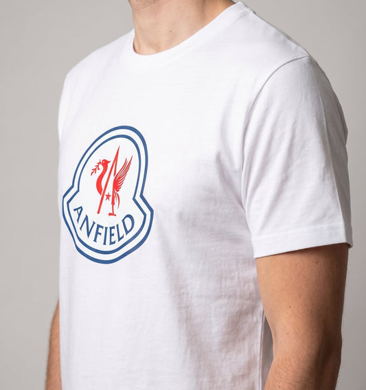 Anfield Piste T-shirt with Anfield mountain design, available in black or white