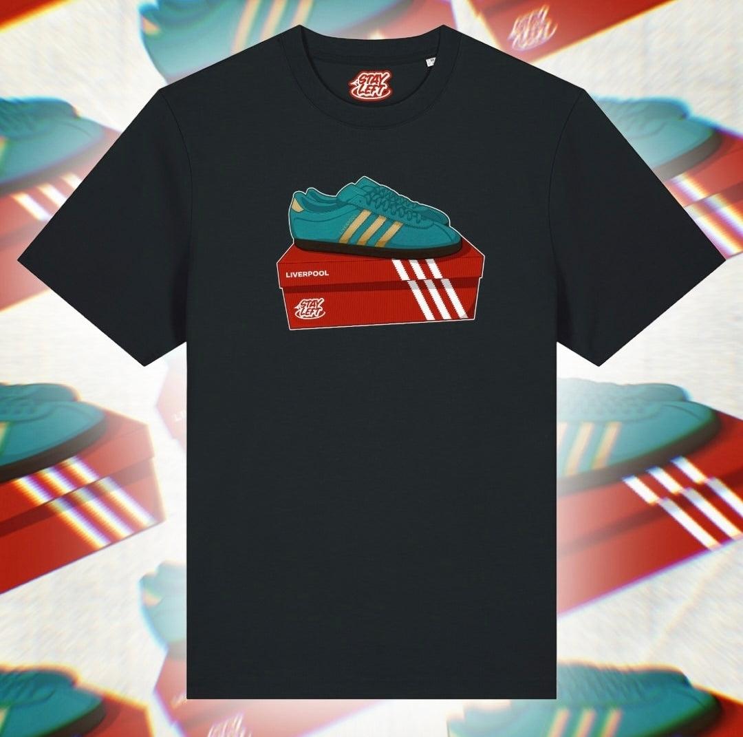 Liverpool T-shirt with Adidas-style logo, available in black or white