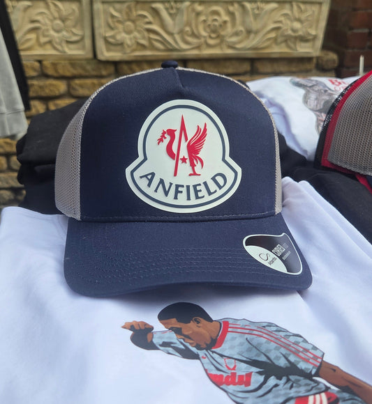 Anfield Piste cap with 3D rubberised Anfield mountain logo, available in black, grey/black, red or navy/white