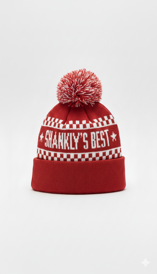A red bobble hat with ‘Shankly’s Best’ written on the side