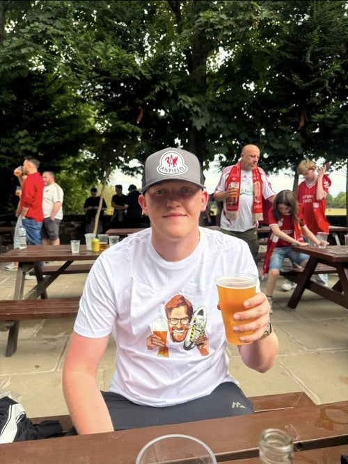 Stay Left customer Wearing: Klopp 95 tee & Anfield cap
